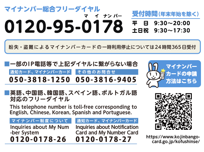 マイナンバー総合ダイヤル　０１２０－９５－０１７８